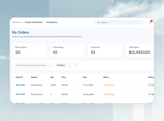 Product marketplace orders and procurement tracking
